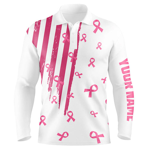 Personalized white golf polos shirt for men pink ribbon breast cancer awareness mens golf top NQS7913