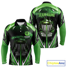 Load image into Gallery viewer, Black Mens disc golf polo shirts custom green fire lightning team disc golf jersey, unique golf gifts NQS10172