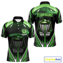 Load image into Gallery viewer, Black Mens disc golf polo shirts custom green fire lightning team disc golf jersey, unique golf gifts NQS10172