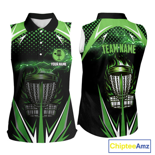 Black Women disc golf sleeveless polo shirt custom green fire lightning team disc golf jersey NQS10172