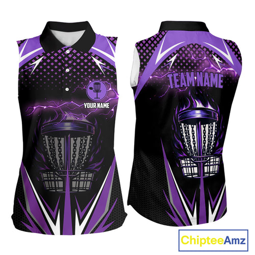 Black Women disc golf sleeveless polo shirt custom purple fire lightning team disc golf jersey NQS10173