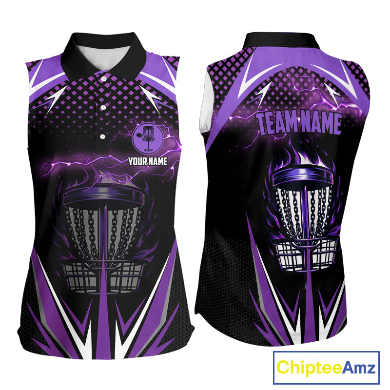 Black Women disc golf sleeveless polo shirt custom purple fire lightning team disc golf jersey NQS10173