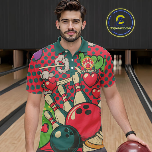 Colorful Bowling Polo, Quarter Zip shirts for Men Custom vintage retro bowling team league jerseys NQS10174
