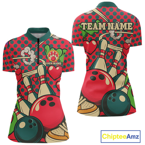 Colorful Bowling Polo, Quarter Zip shirts for Women Custom vintage retro bowling team league jerseys NQS10174