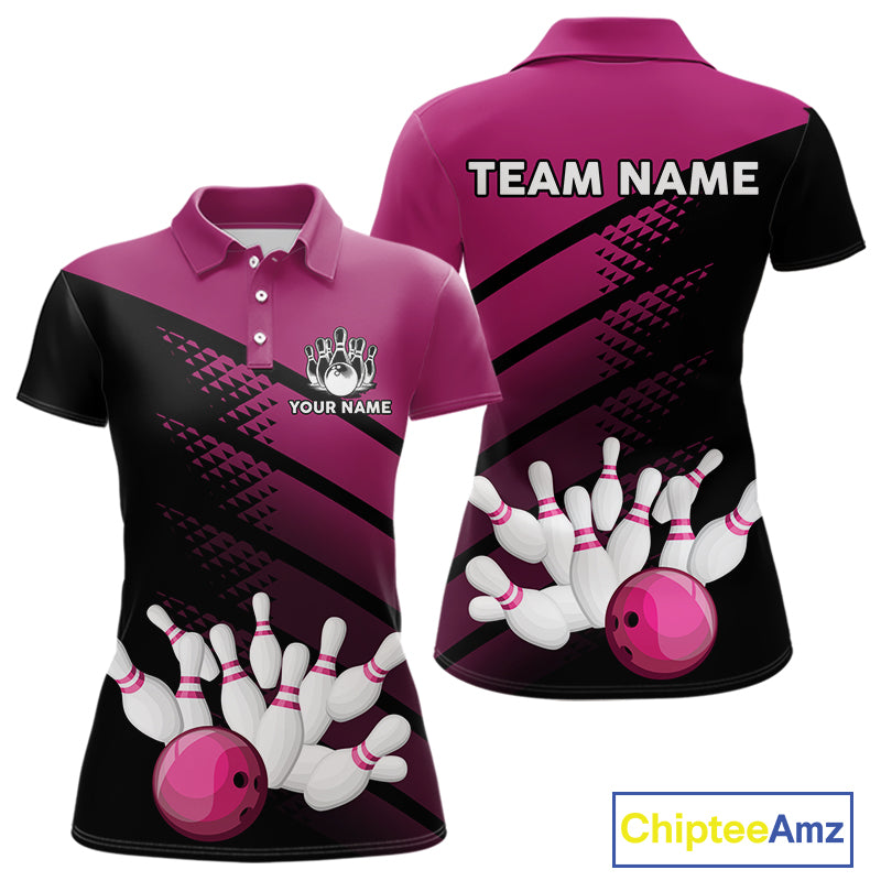 Black and Pink Bowling Polo, Quarter Zip shirts for Women Custom name bowling team league jerseys NQS10177
