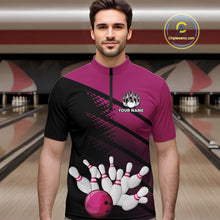 Load image into Gallery viewer, Black and Pink Bowling Polo, Quarter Zip shirts for Men Custom name bowling team league jerseys NQS10177