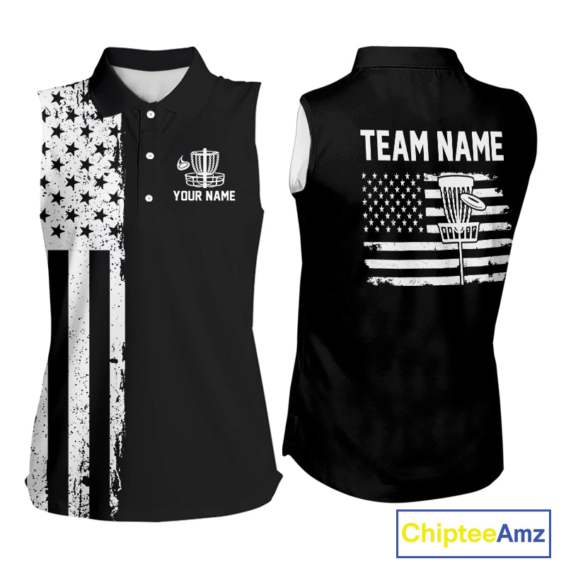 Black and White American Flag Sleeveless Disc golf polo shirt Custom patriotic team disc golf jerseys NQS10017