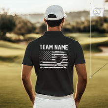 Load image into Gallery viewer, Black and White American Flag Mens golf polo shirts Custom name patriotic team golf uniform NQS10018