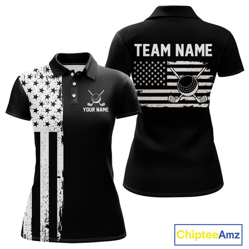 Black and White American Flag Women golf polo shirts Custom name patriotic team golf uniform NQS10018