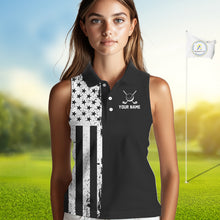 Load image into Gallery viewer, Black and White American Flag Women Sleeveless golf polo shirts Custom patriotic team golf uniform NQS10018