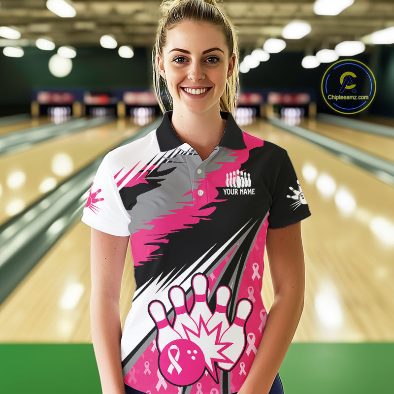 Women bowling shirts Custom pink ribbons pattern Bowling Team Jersey, Breast cancer shirt for Bowler NQS10515