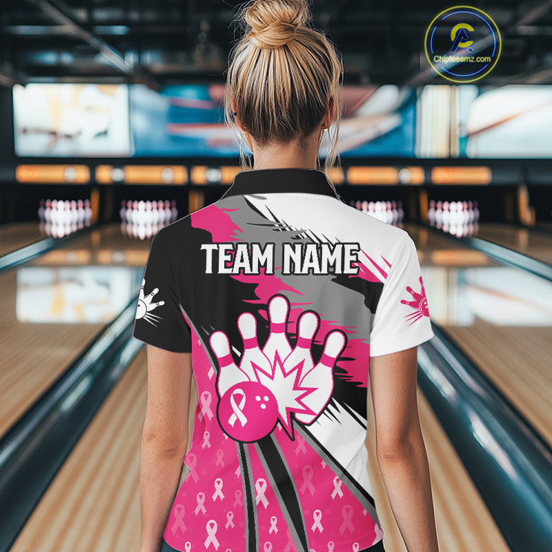 Women bowling shirts Custom pink ribbons pattern Bowling Team Jersey, Breast cancer shirt for Bowler NQS10515