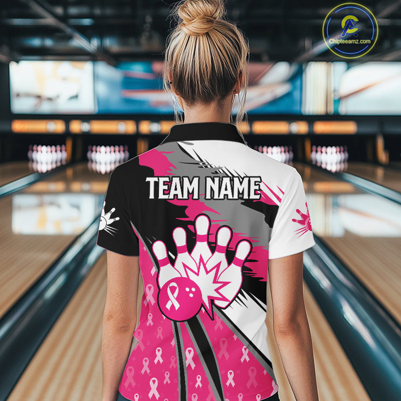 Women bowling shirts Custom pink ribbons pattern Bowling Team Jersey, Breast cancer shirt for Bowler NQS10515