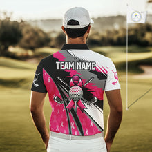 Load image into Gallery viewer, Mens golf polo shirt Custom pink ribbon pattern mens golf clothes, Breast cancer shirt for golfer NQS10516