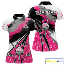 Load image into Gallery viewer, Women golf polo shirt Custom pink ribbon pattern ladies golf clothes, Breast cancer shirt for golfer NQS10516