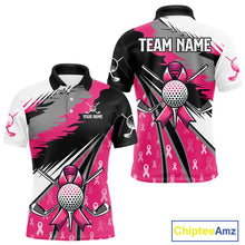 Load image into Gallery viewer, Mens golf polo shirt Custom pink ribbon pattern mens golf clothes, Breast cancer shirt for golfer NQS10516