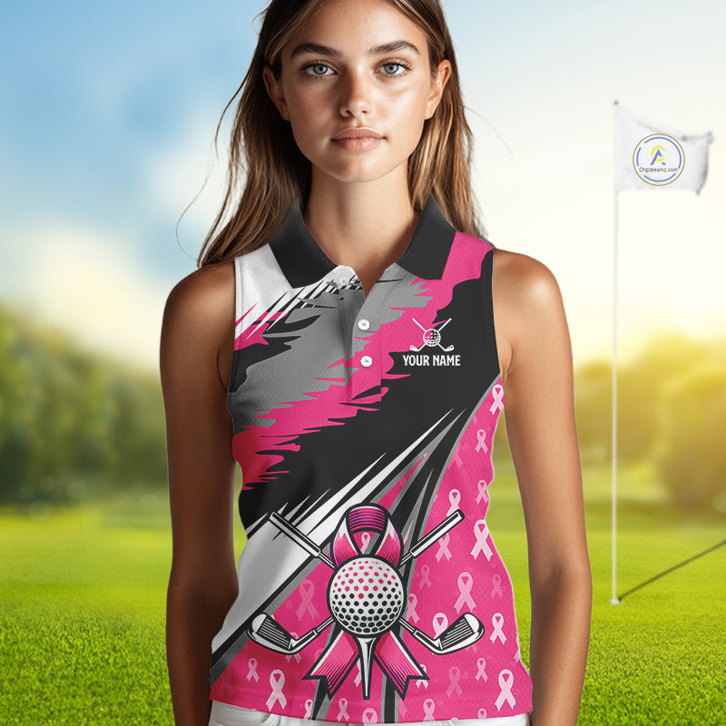 Sleeveless polo shirt Custom pink ribbon pattern ladies golf clothes, Breast cancer shirt for golfer NQS10516