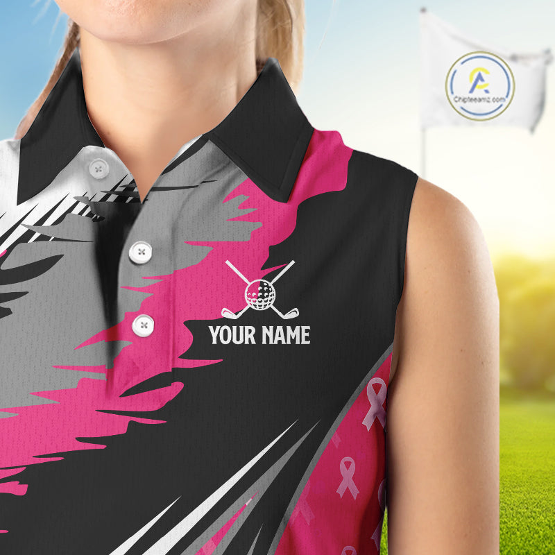 Sleeveless polo shirt Custom pink ribbon pattern ladies golf clothes, Breast cancer shirt for golfer NQS10516