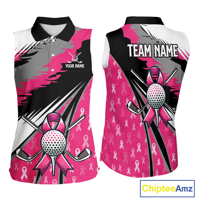 Sleeveless polo shirt Custom pink ribbon pattern ladies golf clothes, Breast cancer shirt for golfer NQS10516