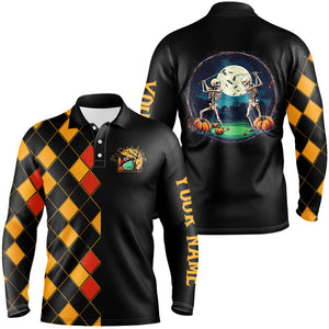 Funny Mens golf polo shirts custom black and orange argyle pattern Halloween skull golf tops NQS8555