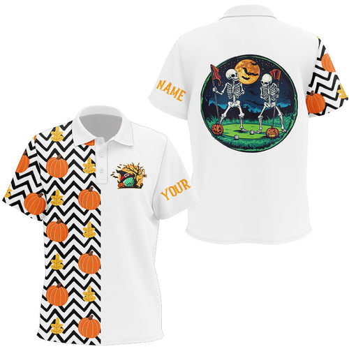 Funny Kid golf polo shirts custom Orange pumpkin autumn leaves pattern Halloween skull golf tops NQS8556