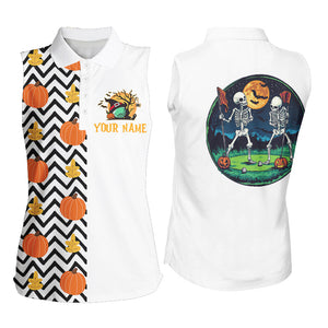 Funny Womens sleeveless golf polos custom Orange pumpkin autumn pattern Halloween skull golf tops NQS8556