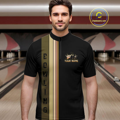 Black and Retro Bowling Polo, Quarter Zip Shirts for Men Custom Team Bowling League Jerseys NQS10745