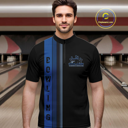 Black and Blue Retro Bowling Polo, Quarter Zip Shirts for Men Custom Team Bowling League Jerseys NQS10746