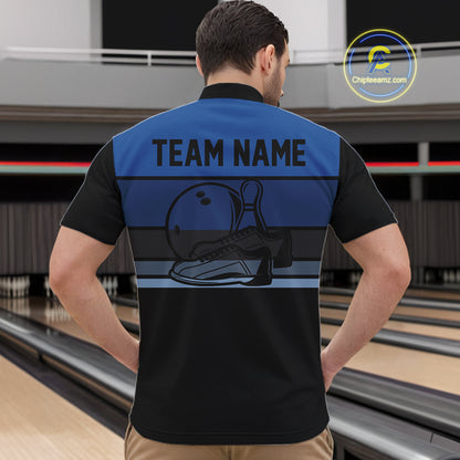 Black and Blue Retro Bowling Polo, Quarter Zip Shirts for Men Custom Team Bowling League Jerseys NQS10746