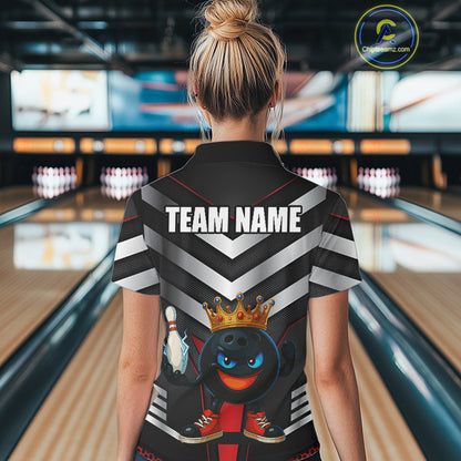 Funny Bowling Shirts Black & Silver Metal Team Women Bowling Polo, 1/4 Zip Shirt Custom bowling gifts NQS10942