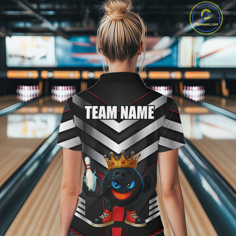 Funny Bowling Shirts Black & Silver Metal Team Women Bowling Polo, 1/4 Zip Shirt Custom bowling gifts NQS10942