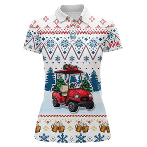 Womens golf polo Shirt Custom Ugly Christmas Pattern Golf cart and beer golf shirts for ladies | Blue NQS9031