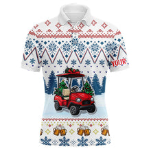 Load image into Gallery viewer, Men Golf Polo Shirts Custom Ugly Christmas Pattern Golf cart and beer golf shirts for men | Blue NQS9031