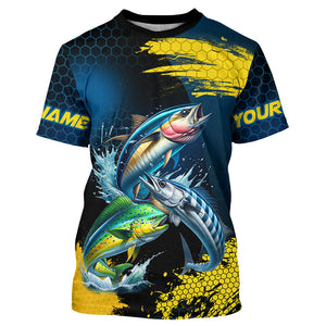 Blue and Yellow Camo Mahi Mahi ( Dorado), Wahoo, Tuna fishing custom saltwater fishing jerseys NQS9036