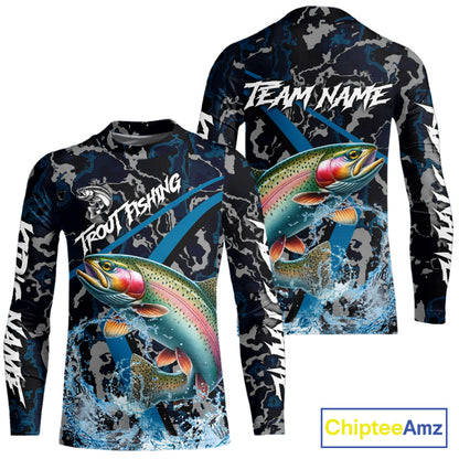 Custom Rainbow Trout Fishing Camo Long Sleeve Fishing Shirts, Personalized Trout Fishing Team Jerseys NQS11330