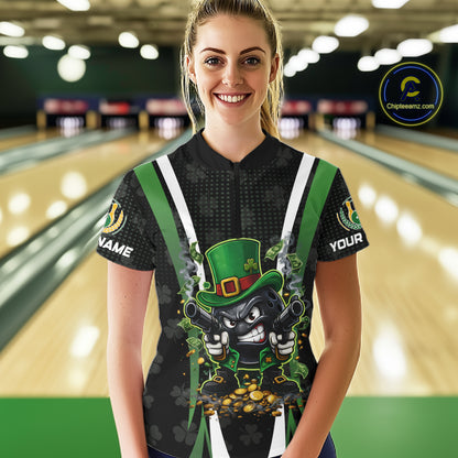 Funny St Patrick cowboy gunner Bowling Polo, 1/4 zip shirts For Women Custom Team Bowling Jerseys NQS11543
