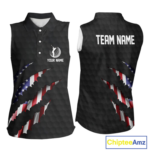 Personalized American Flag Women sleeveless polo shirt, Patriotic Golf Team Shirts For Ladies | Black NQS10178