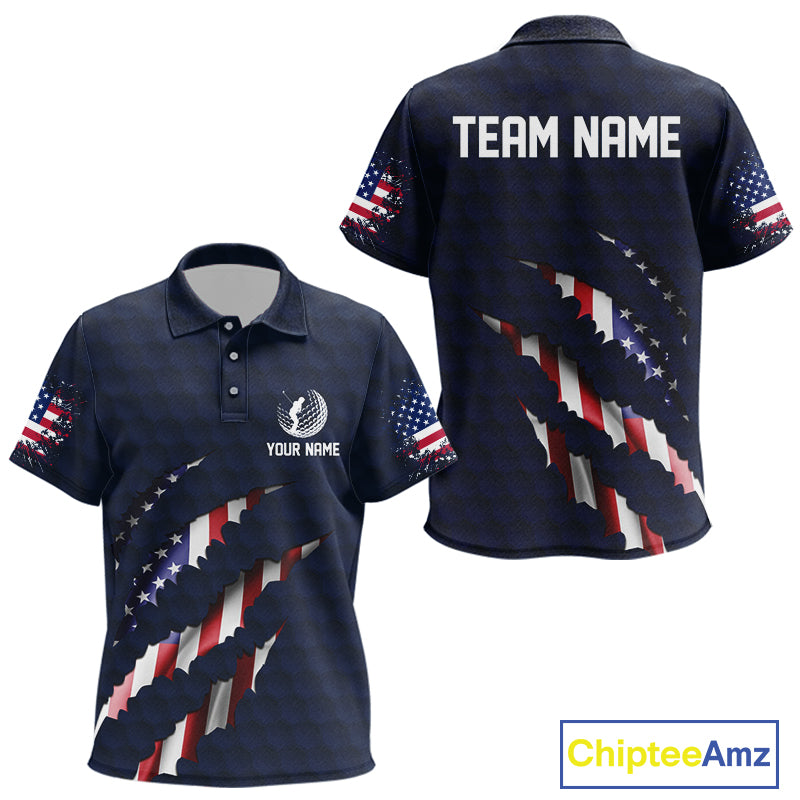 Personalized American Flag Kid golf polo shirt, Custom Patriotic Golf Team Shirts For Kid | Navy Blue NQS10179