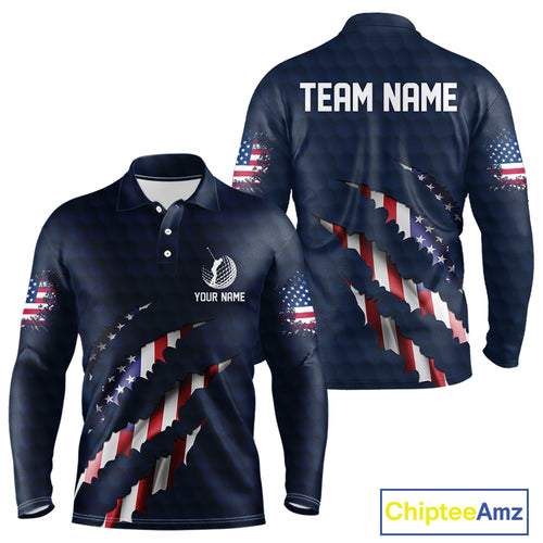 Personalized American Flag Men golf polo shirt, Custom Patriotic Golf Team Shirts For men | Navy Blue NQS10179