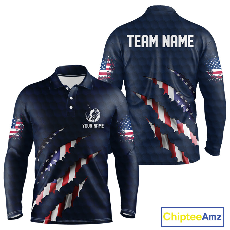 Personalized American Flag Men golf polo shirt, Custom Patriotic Golf Team Shirts For men | Navy Blue NQS10179