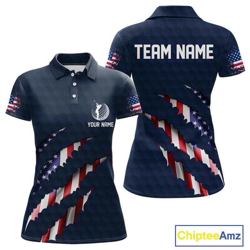 Personalized American Flag Women golf polo shirt, Patriotic Golf Team Shirts For ladies | Navy Blue NQS10179