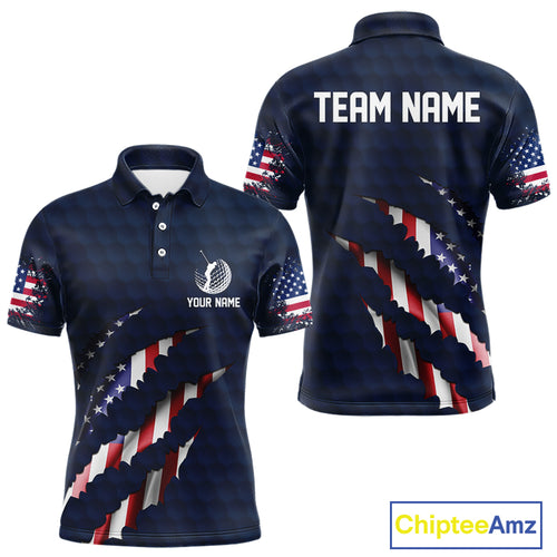 Personalized American Flag Men golf polo shirt, Custom Patriotic Golf Team Shirts For men | Navy Blue NQS10179