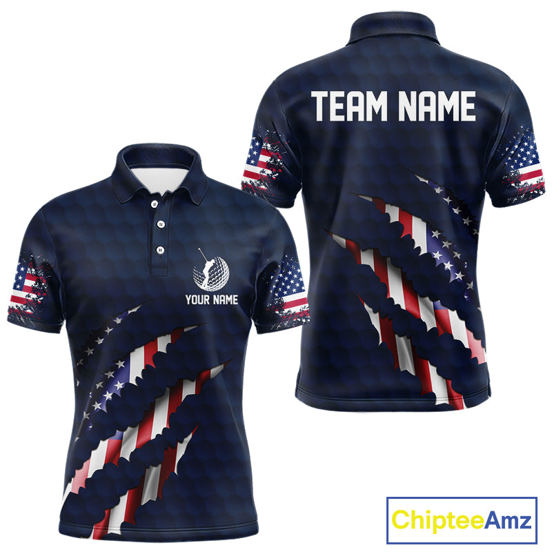 Personalized American Flag Men golf polo shirt, Custom Patriotic Golf Team Shirts For men | Navy Blue NQS10179