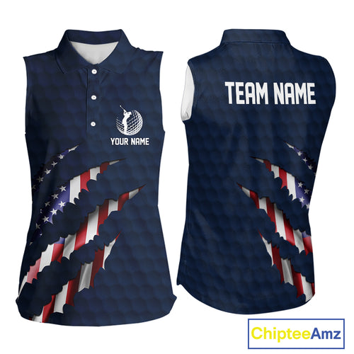 Personalized American Flag Women sleeveless polo shirt Patriotic Ladies Golf Team Shirt | Navy Blue NQS10179