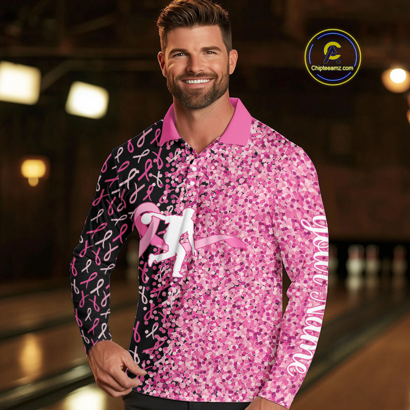 Pink glitter ribbon black Bowling Shirts For Men Custom Breast cancer bowling shirts gift for bowlers NQS10180