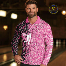 Load image into Gallery viewer, Pink glitter ribbon black Bowling Shirts For Men Custom Breast cancer bowling shirts gift for bowlers NQS10180