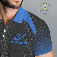 Load image into Gallery viewer, Mens golf polo shirts custom black and blue hexagon pattern golf outfits men, cool golf gifts NQS10317
