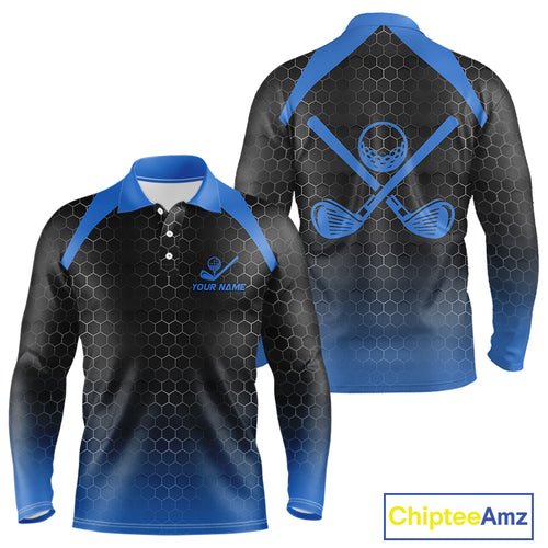 Mens golf polo shirts custom black and blue hexagon pattern golf outfits men, cool golf gifts NQS10317