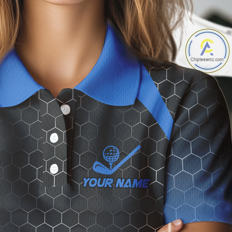 Women golf polo shirts custom black and blue hexagon pattern golf outfits ladies, cool golf gifts NQS10317