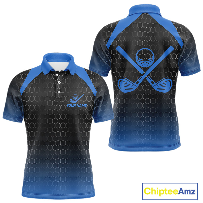 Mens golf polo shirts custom black and blue hexagon pattern golf outfits men, cool golf gifts NQS10317